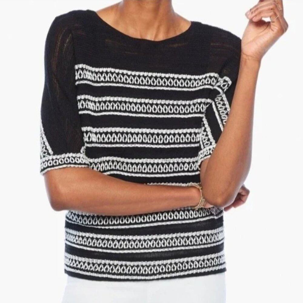 NIC+ZOE Celestial Sweater Top Linen Black White Semi Sheer Coastal Preppy Summer